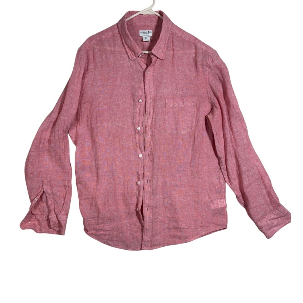 Caribbean Joe Mens Large Coral Pink 100% Linen Long Sleeve Button Down Shirt